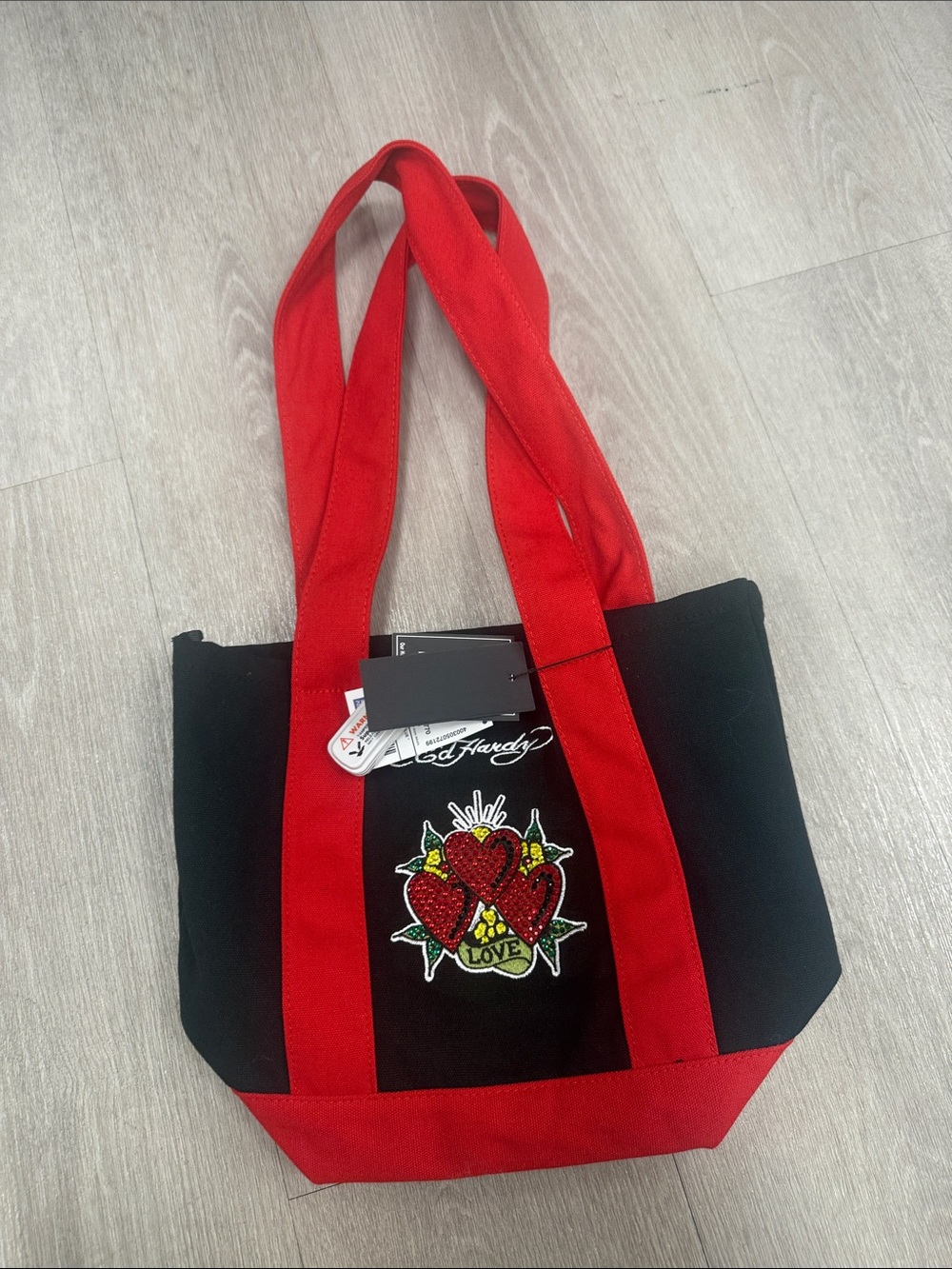 Ed Hardy Red and Black Canvas Tote Bag with Heart Embroidery
